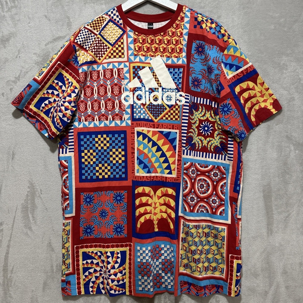 ADIDAS x FARM RIO T-Shirt Dress Size L Red Orange Kaleidoscope Street Wear Boho - Picture 3 of 13